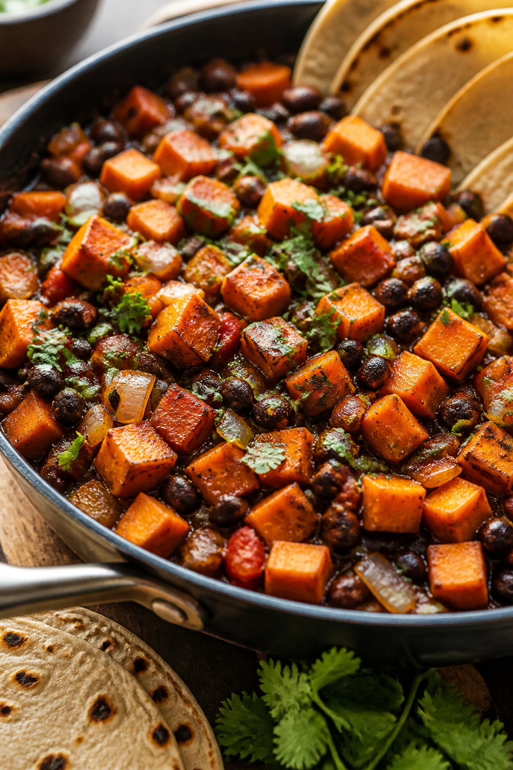 Close-up of black bean and sweet potato taco skillet with tortillas around the edge