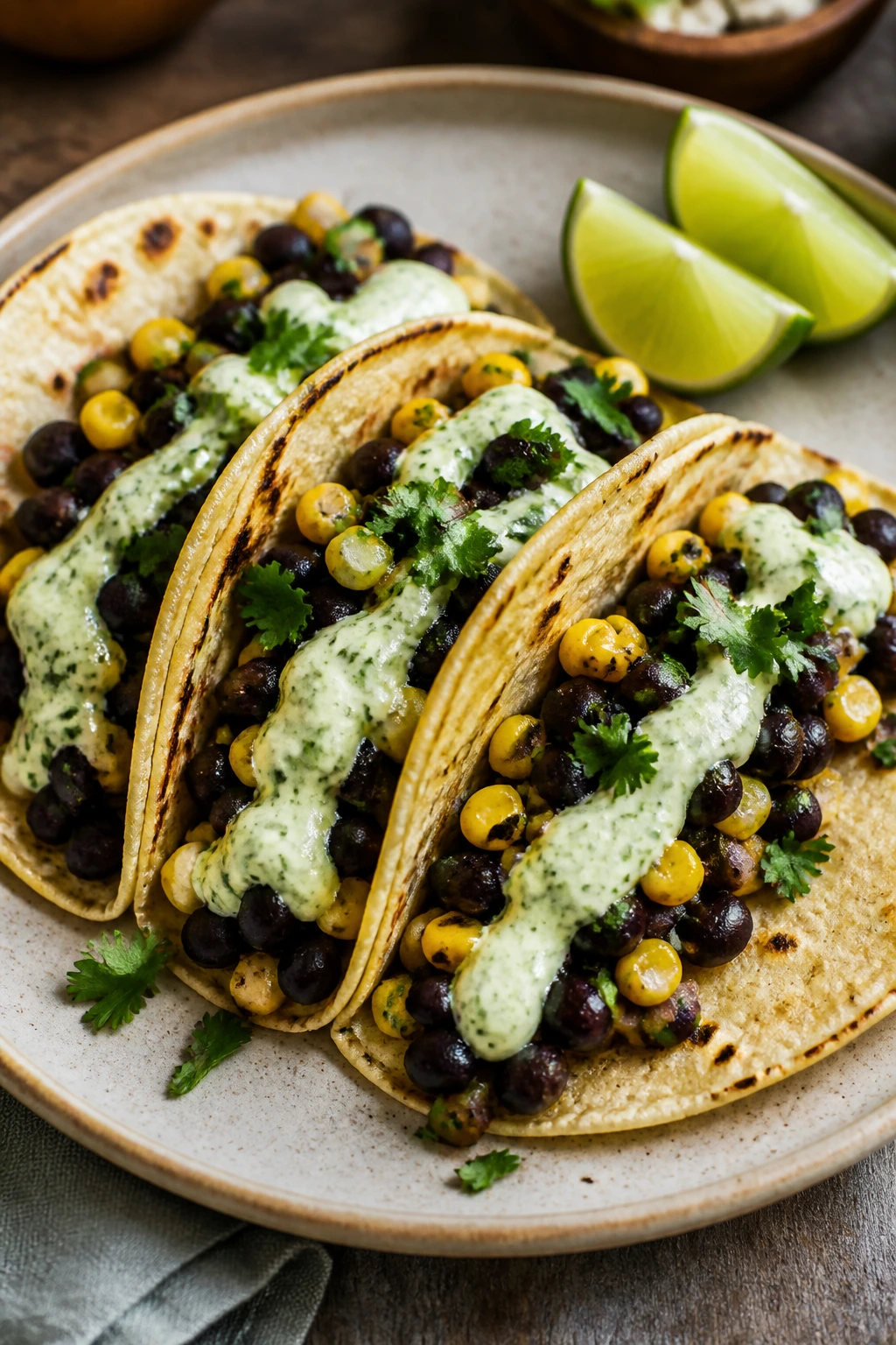 Close-up of black bean and corn tacos with lime crema on a plate