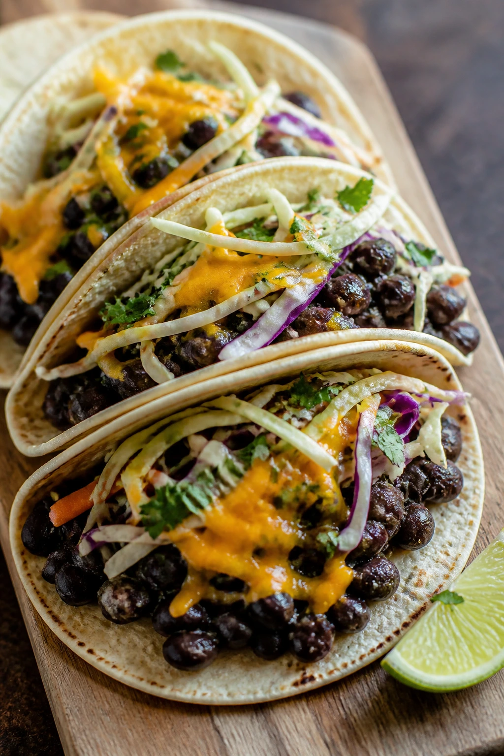 Close-up of black bean tacos with lime slaw on wooden board