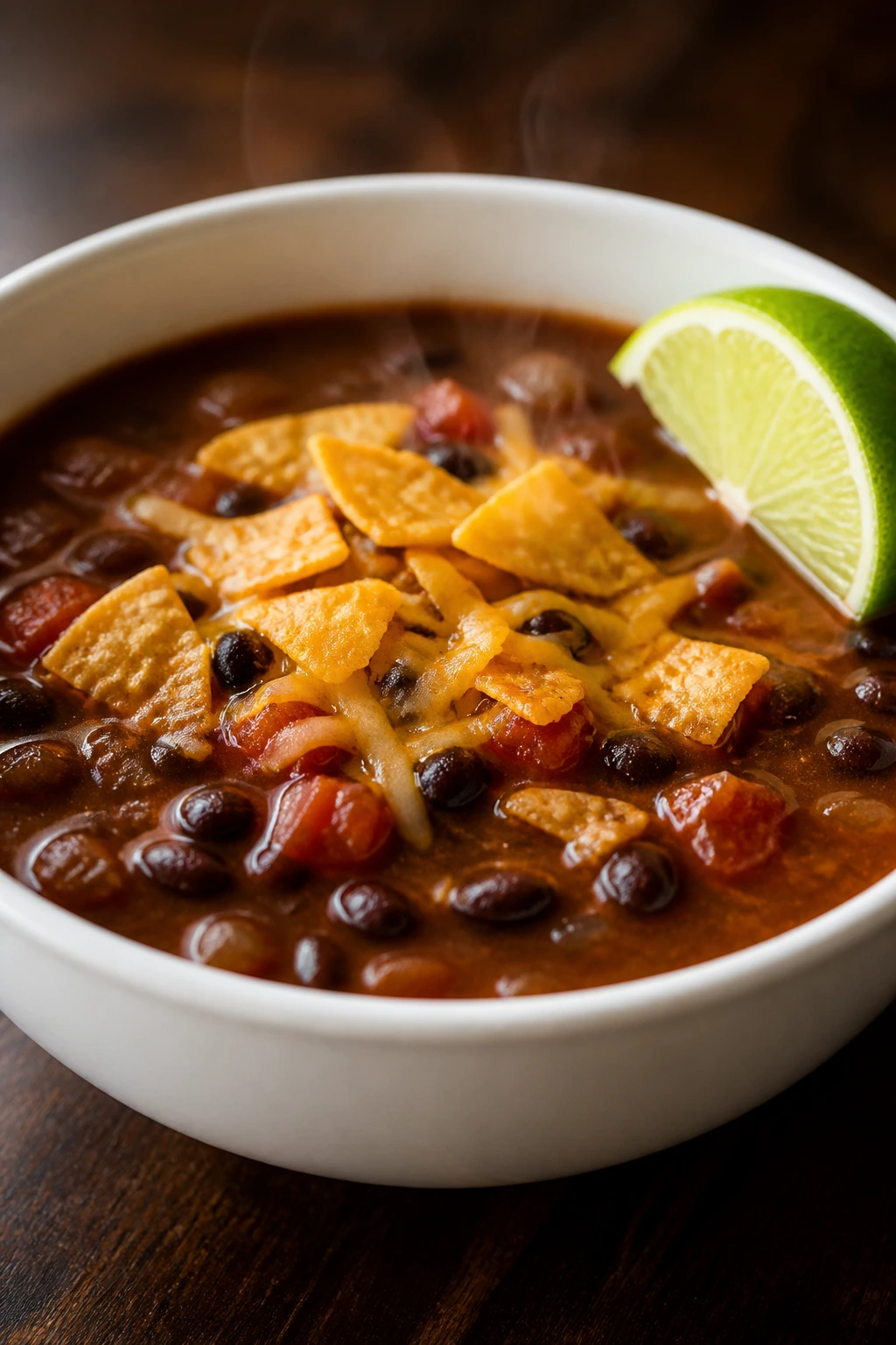 Steaming bowl of black bean tortilla soup with tortilla chips