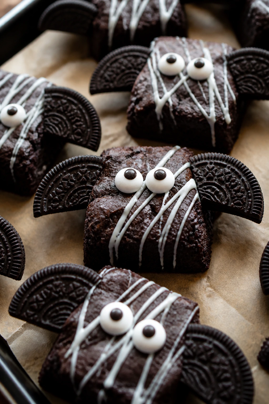 Close-up of near-black brownies with Oreo wings and candy eyes on parchment