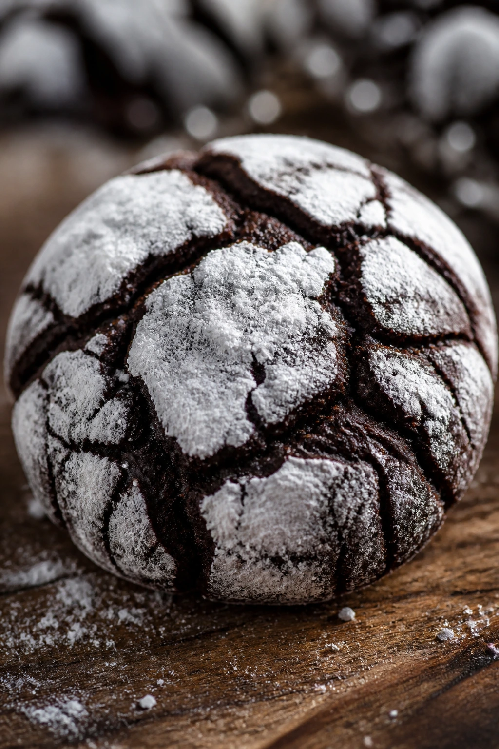 Close-up of black cocoa crinkle cookie with white powdered sugar on wood