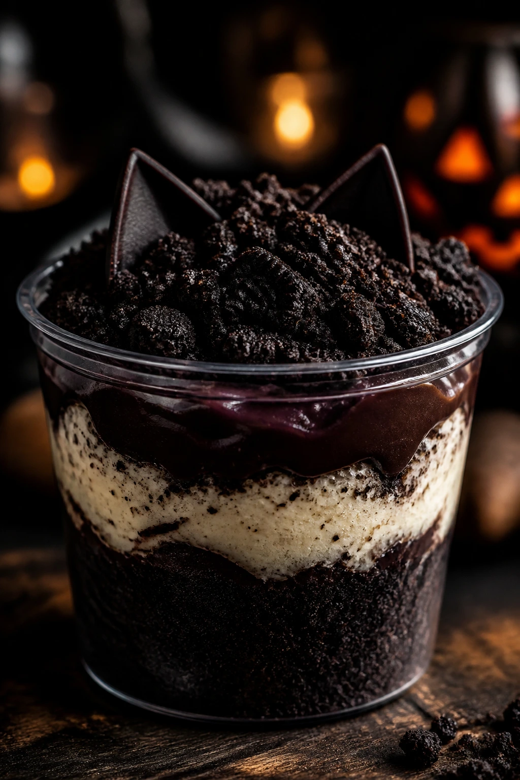 Close-up of a black cocoa dessert cup with dark crumb topping in a moody setting