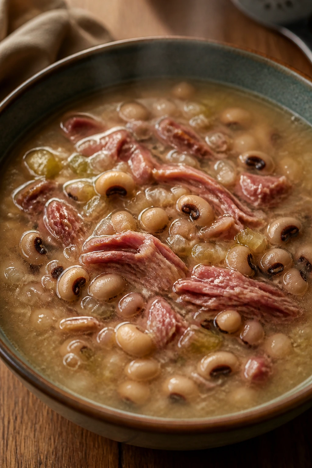 Close-up of Black-Eyed Pea Soup with Ham Hock in a bowl