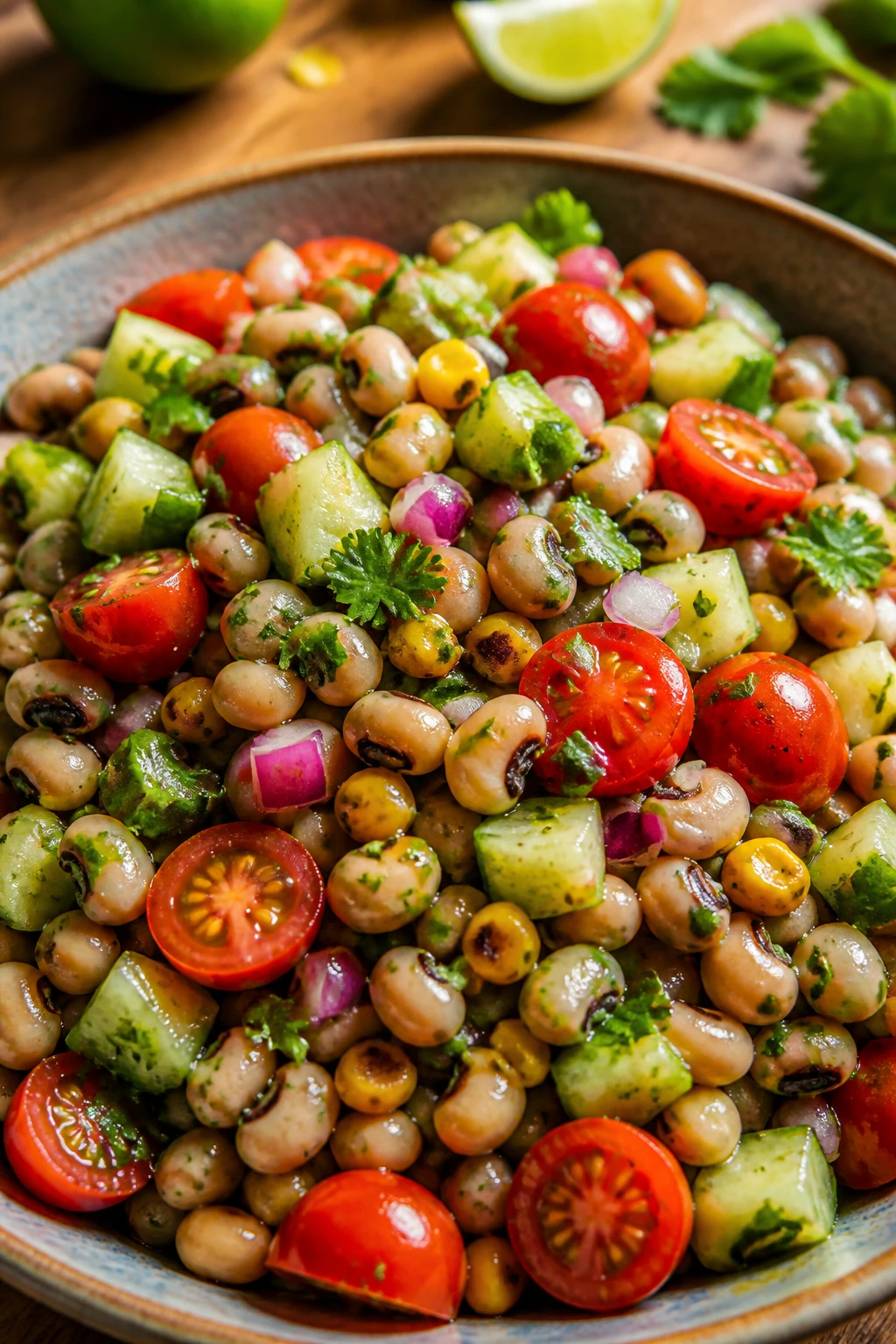 Close-up of Black-Eyed Pea Salad with Tomatoes and Cumin-Lime in a rustic bowl