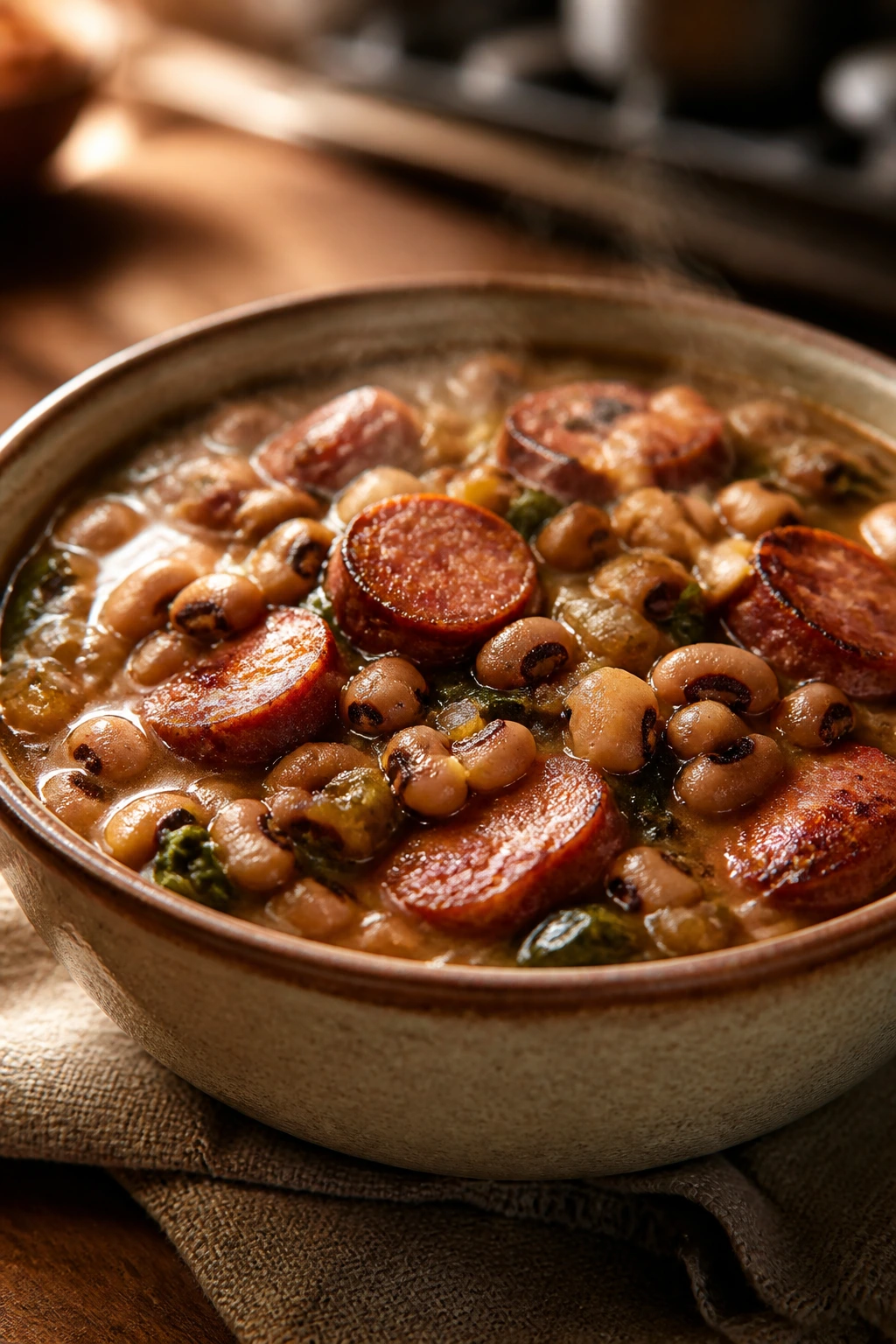 Close-up of black-eyed pea and smoked sausage stew