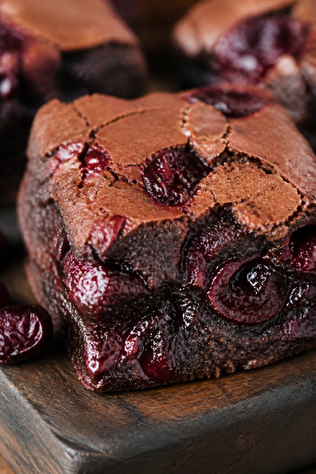 Close-up of Black Forest Cherry Brownies with cherries and jam swirl