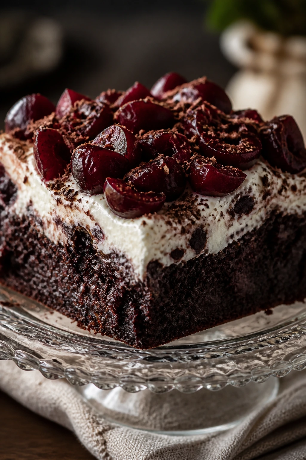 Close-up of Black Forest brownie with mascarpone and cherries