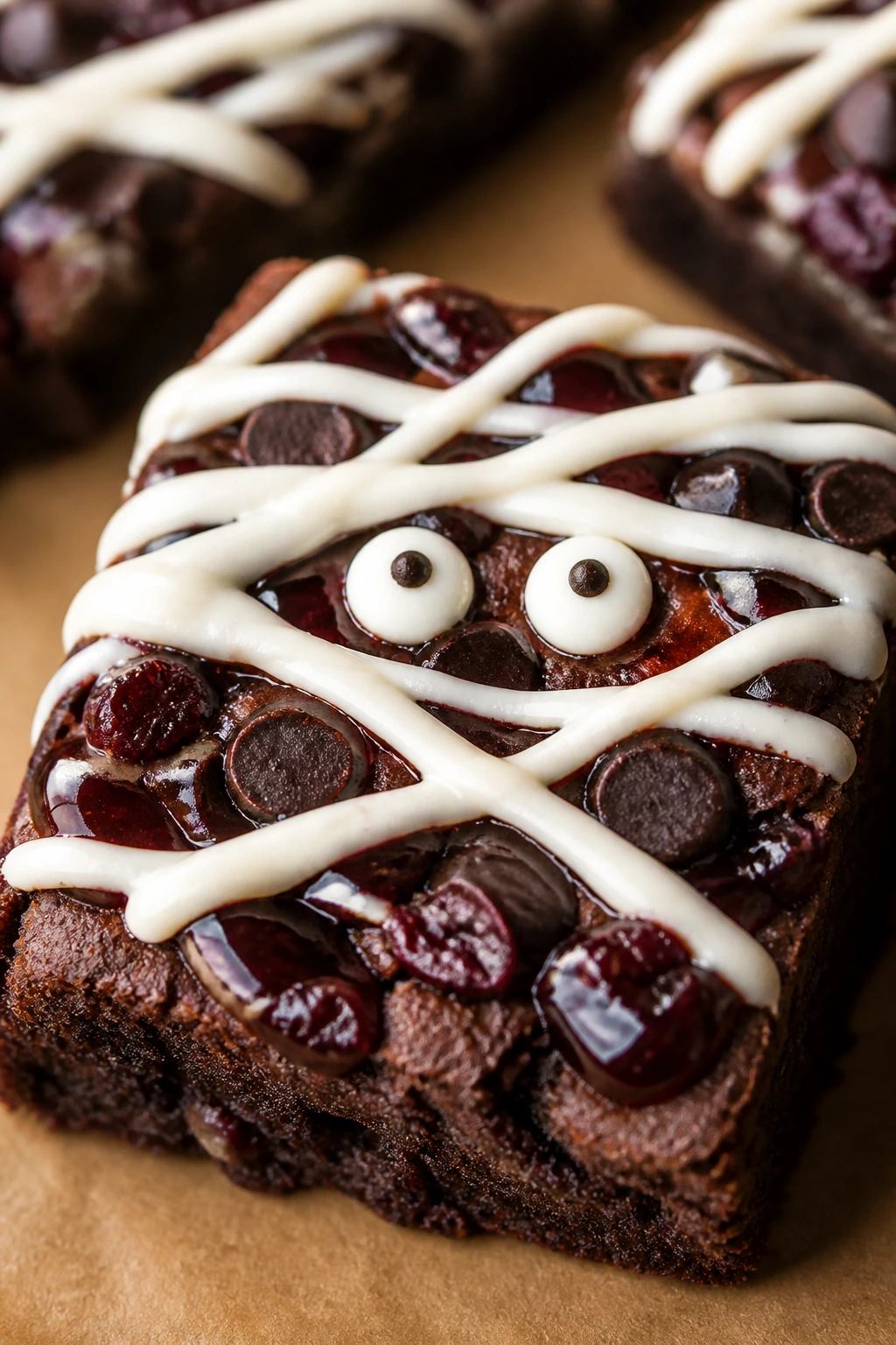 Close-up of Black Forest Mummy Brownies with cherry preserves and bandages