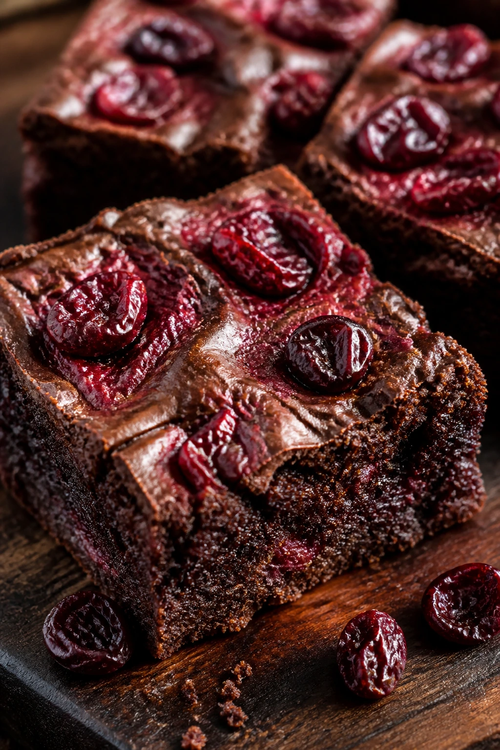 Close-up of Black Forest Brownies with cherry swirls and dried cherries.
