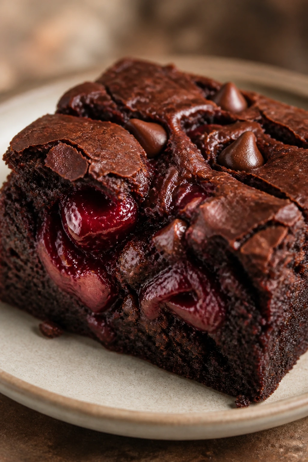Close-up of black forest brownie with cherry swirl and chocolate chips
