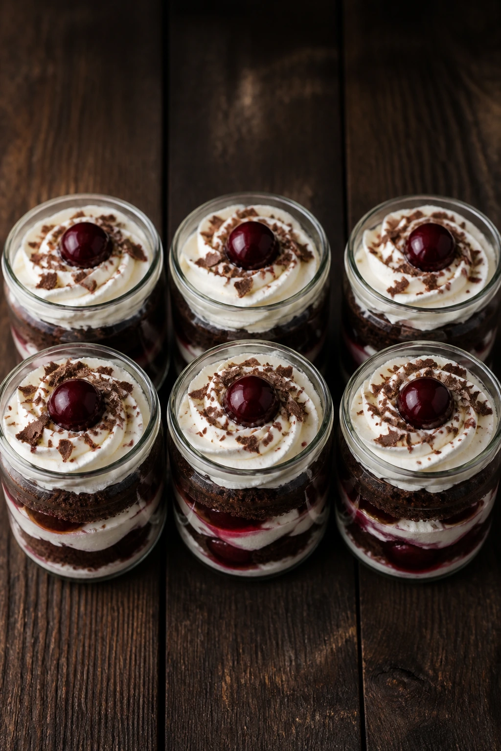 Layered chocolate cake, cherries, and cream in jars