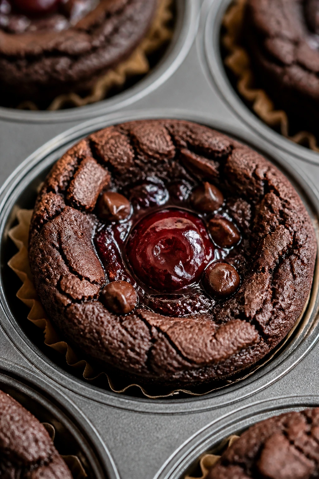 Close-up of a black forest brownie nest with cherry center in a muffin cup
