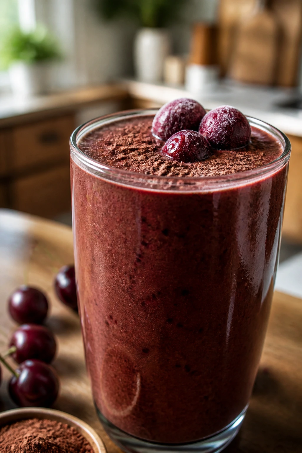 Close-up of Black Forest Smoothie with cocoa dusting