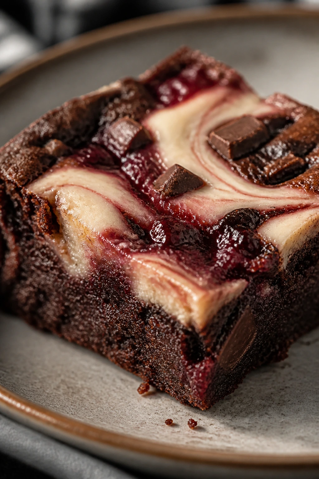 Close-up of black forest swirl brownie with cherry preserves and chocolate chunks