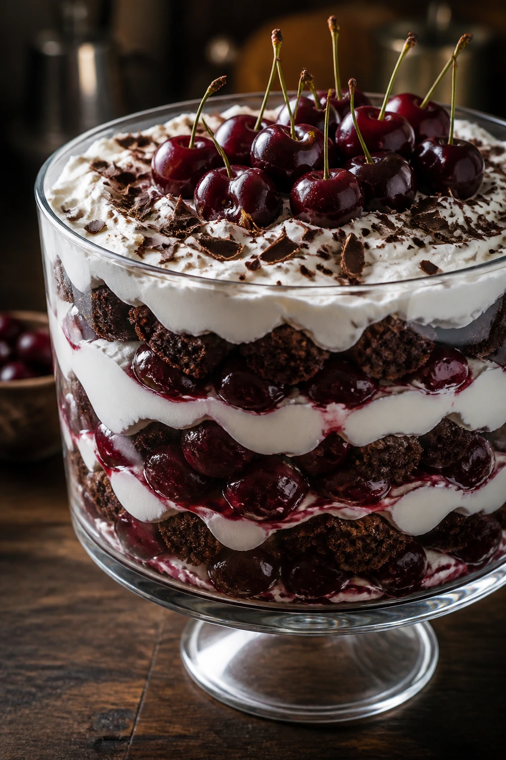 Glass trifle with chocolate, cherries, and cream layers