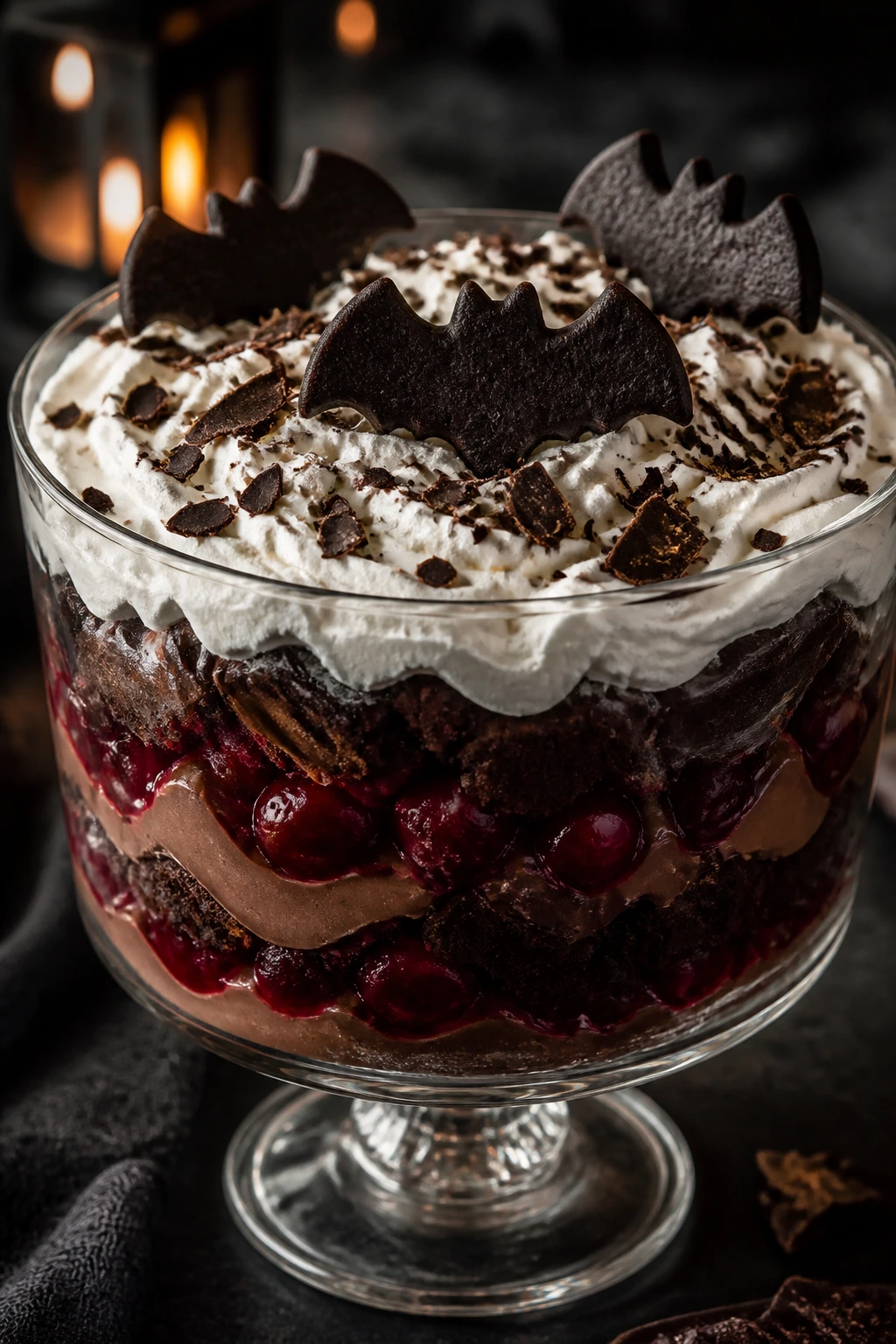 Black Forest Bat Trifle in glass bowl with bat cookies