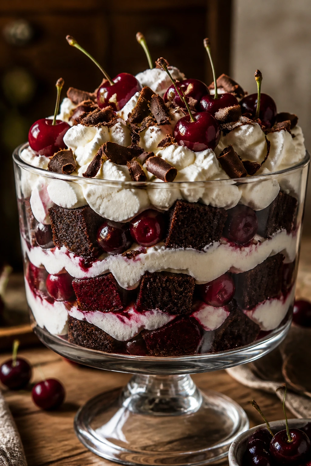 Black Forest trifle with cherries and cream in a glass dish