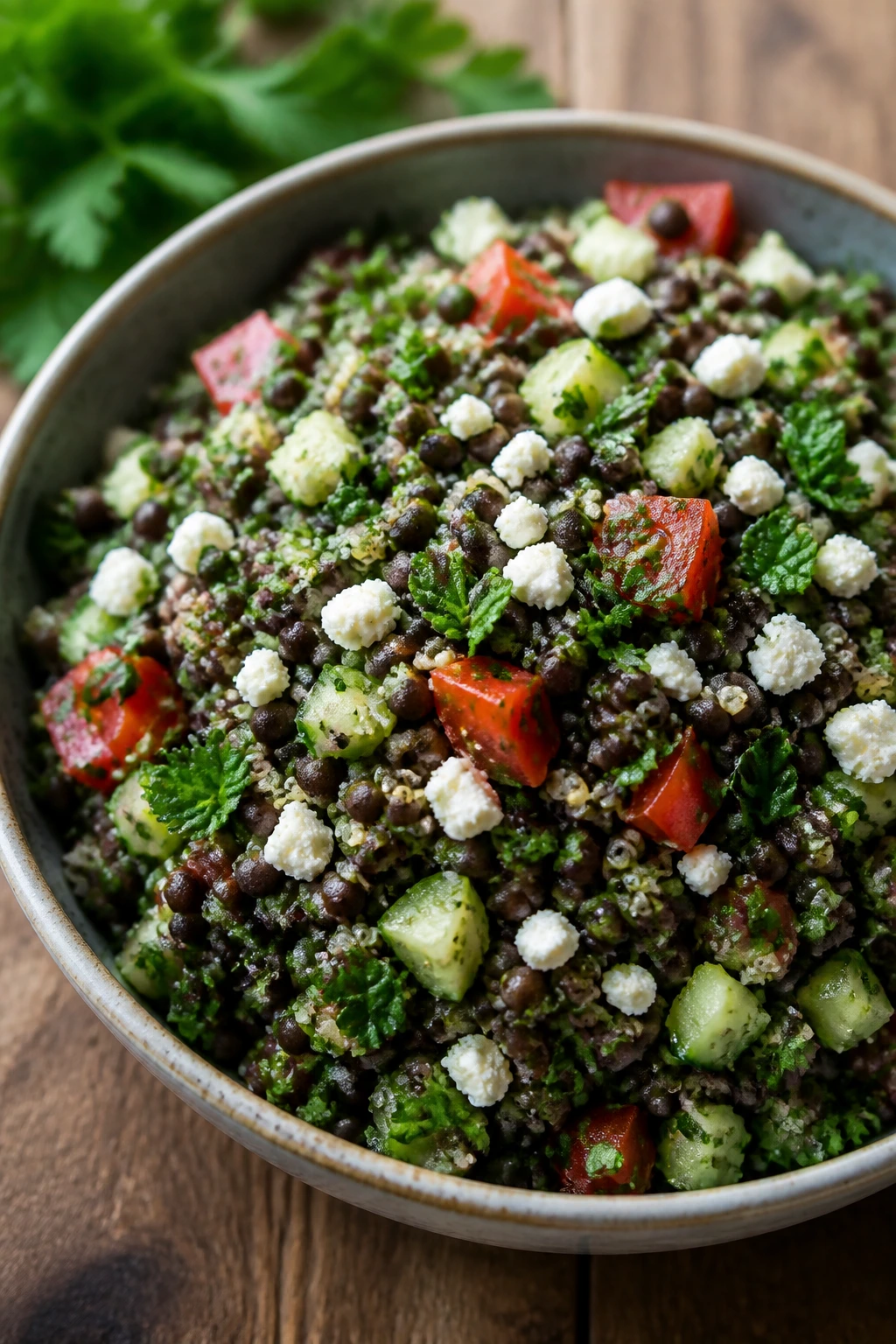 Close-up of black lentil tabbouleh with feta in a bowl