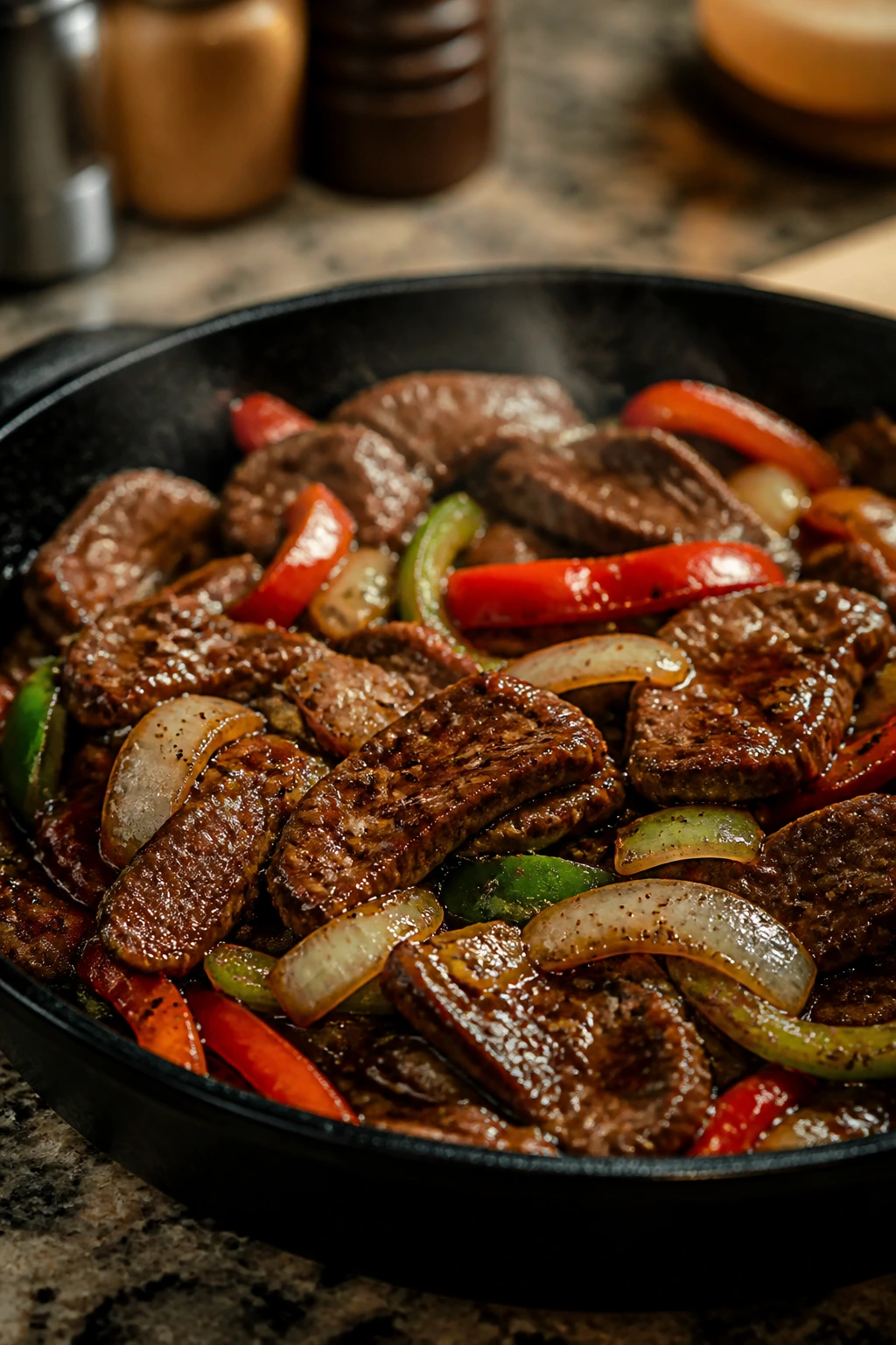 Close-up of black pepper beef with onions and peppers in skillet