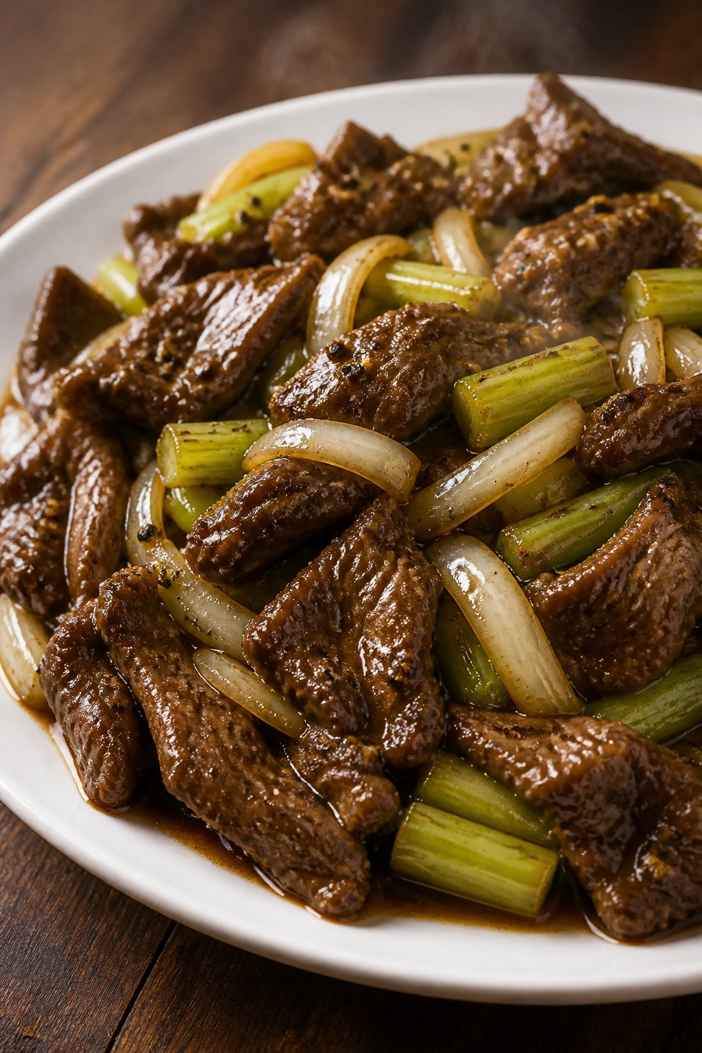 Close-up of Black Pepper Beef with Onion and Celery on plate.