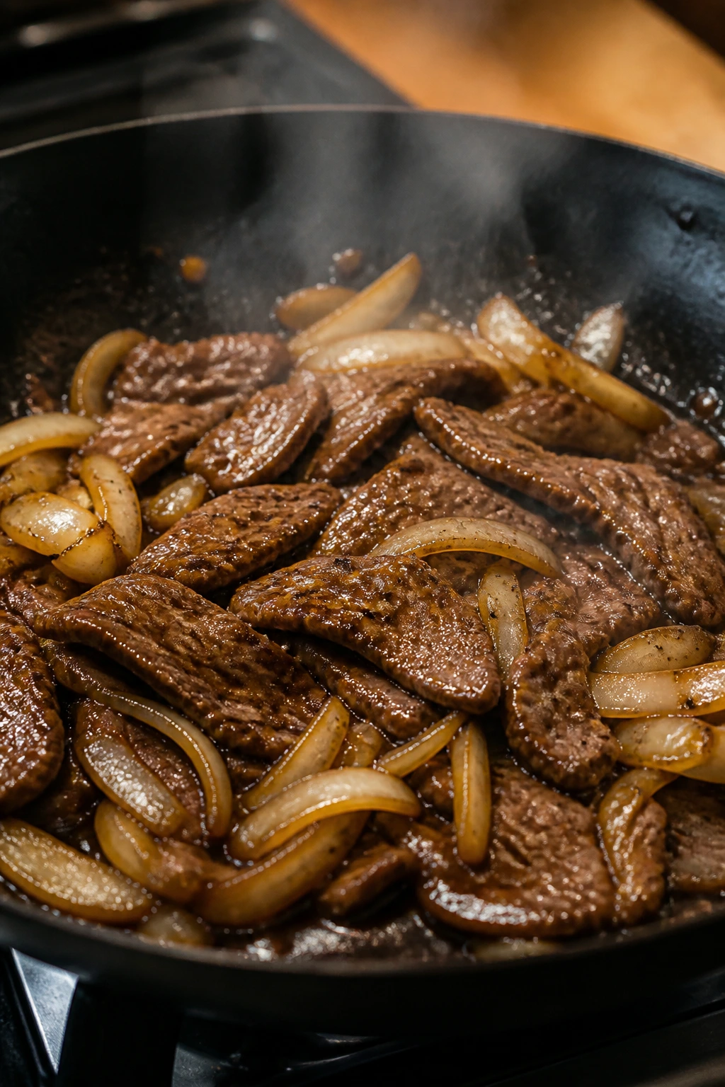 Close-up of black pepper beef and onions cooking in a hot wok.