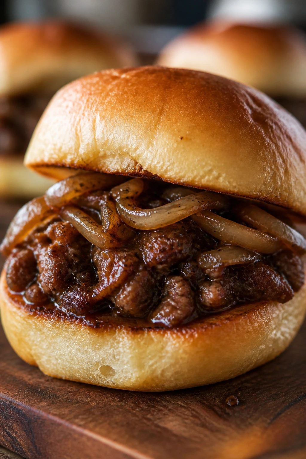 Beef slider with onions and glossy sauce on a toasted bun