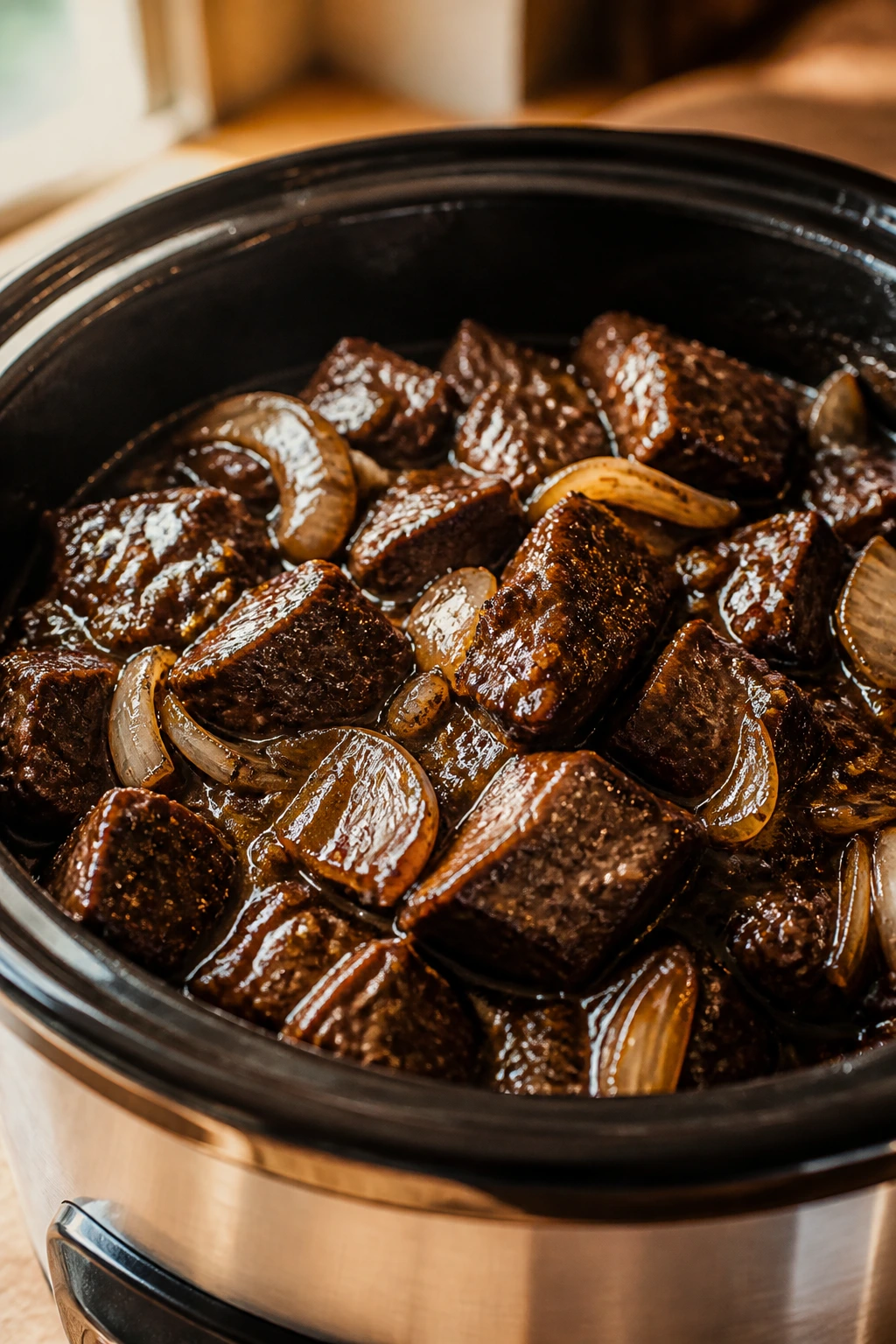 Close-up of black pepper garlic beef in glossy sauce on wooden counter