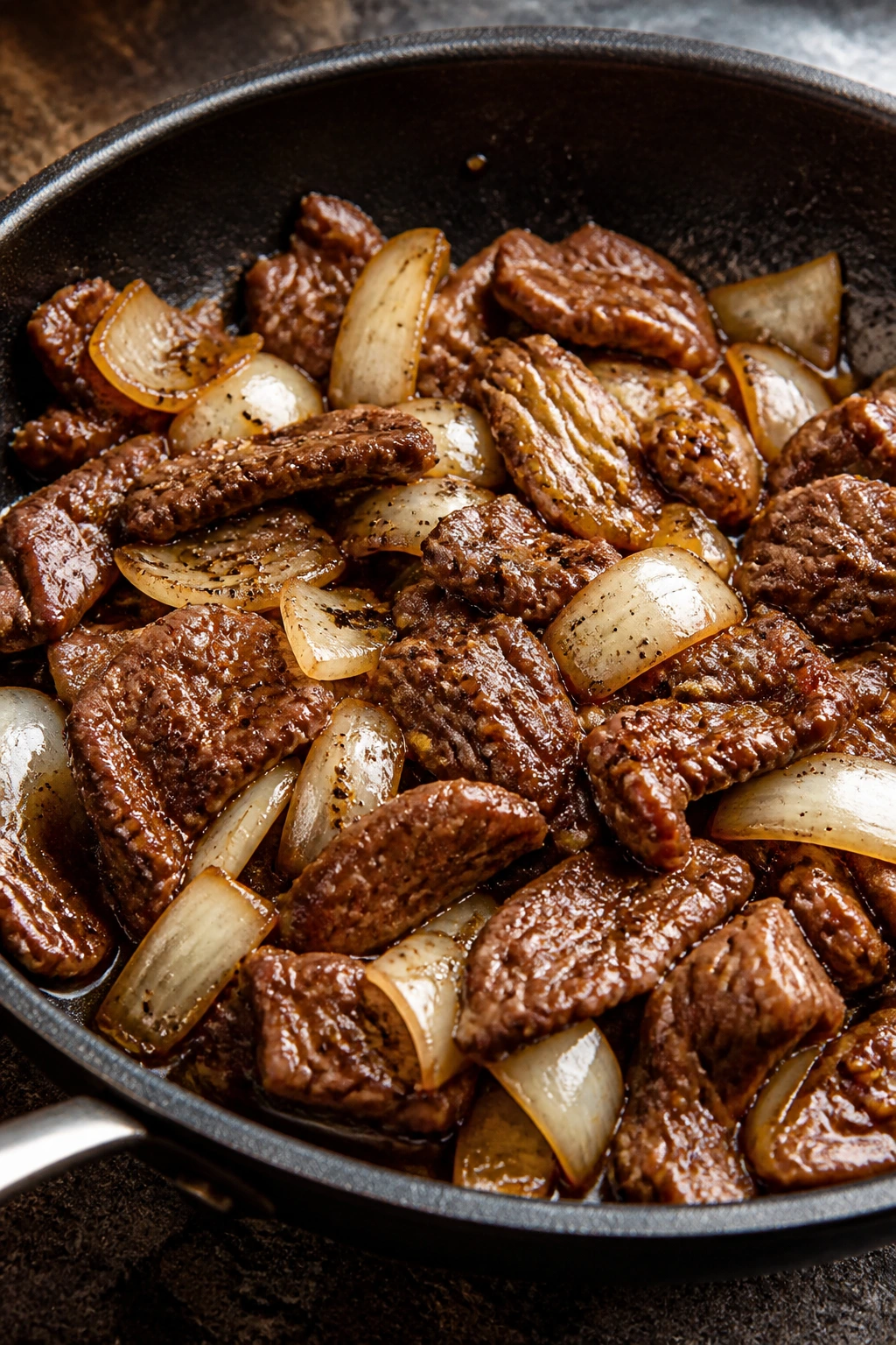 Close-up of beef and onions in a peppery glaze stir-fry