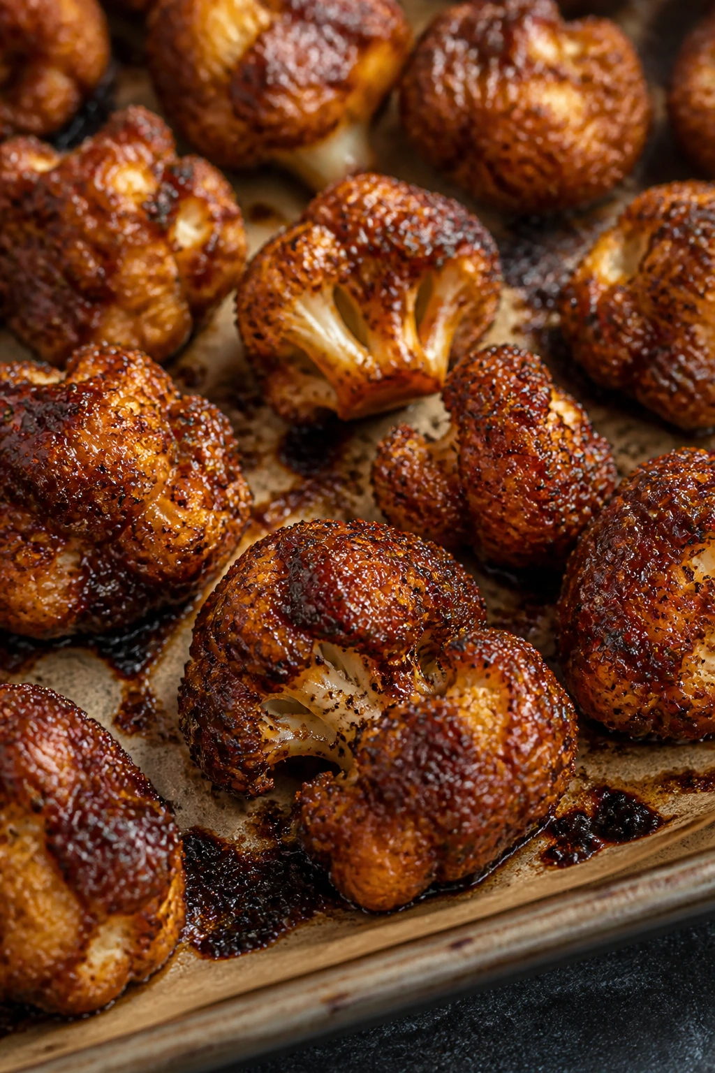 Crispy peppery cauliflower wings with brown sugar glaze on parchment-lined tray