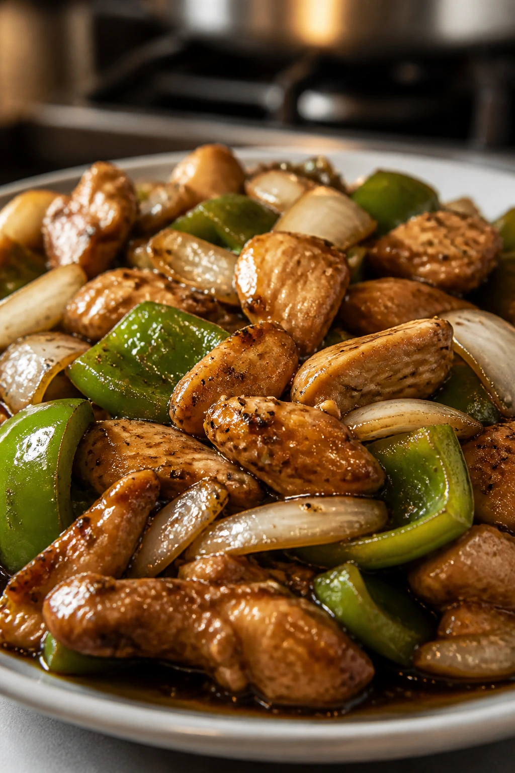 Close-up of black pepper chicken with onion and peppers on plate