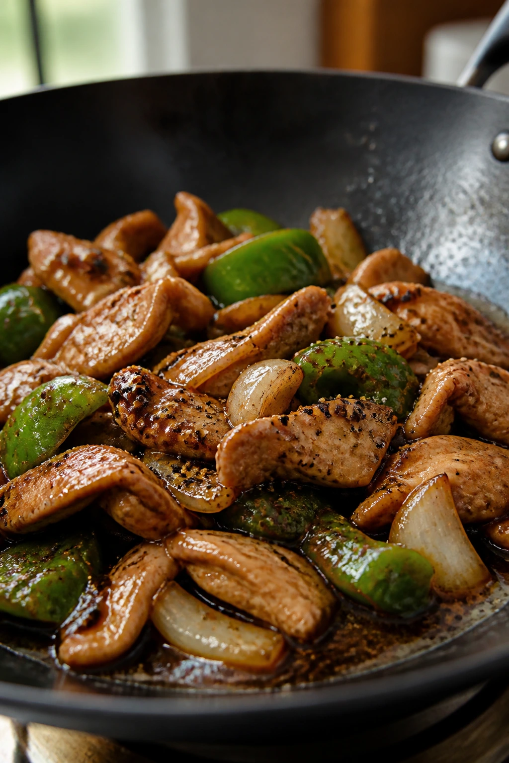 Close-up of black pepper chicken with onion and pepper in a wok