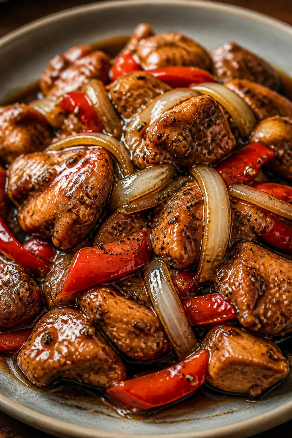 Close-up of black pepper chicken with onions in glossy sauce