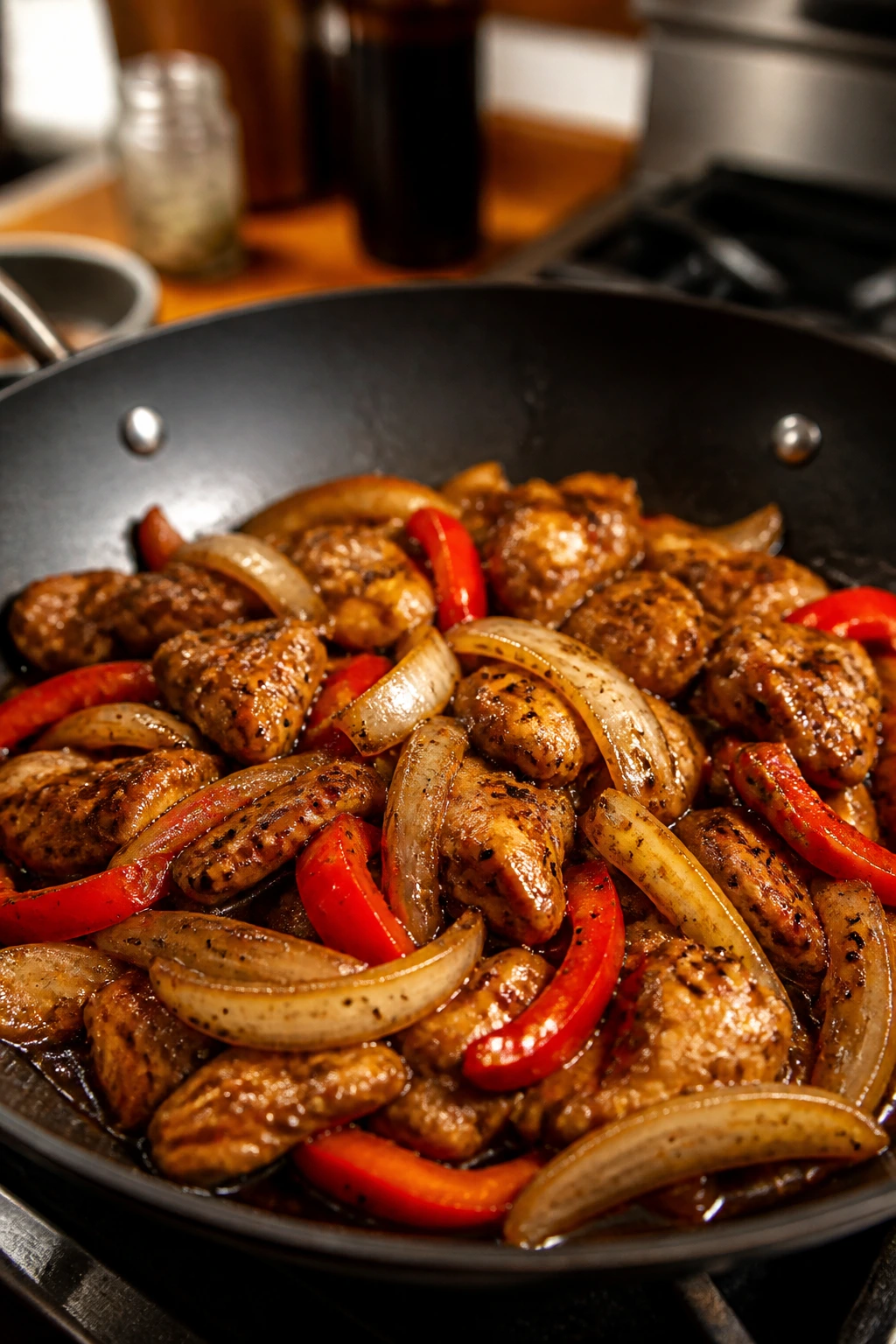 Black pepper chicken with onions and peppers in glossy sauce.