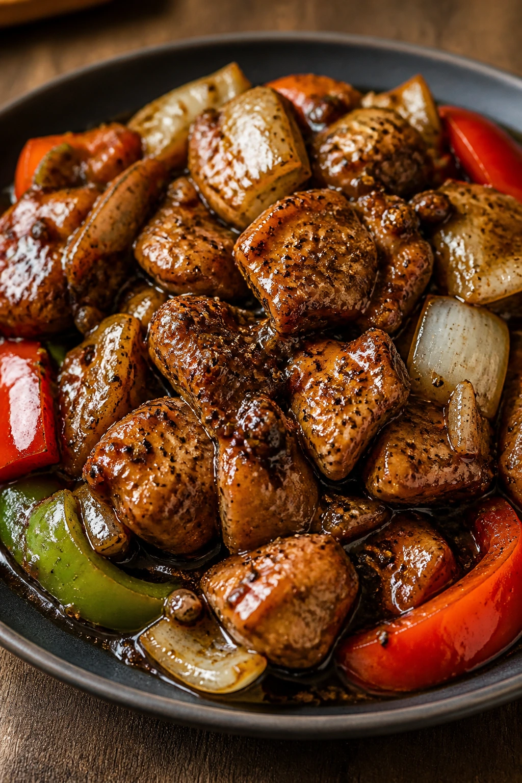 Close-up of cubed chicken in black pepper sauce with onions and peppers