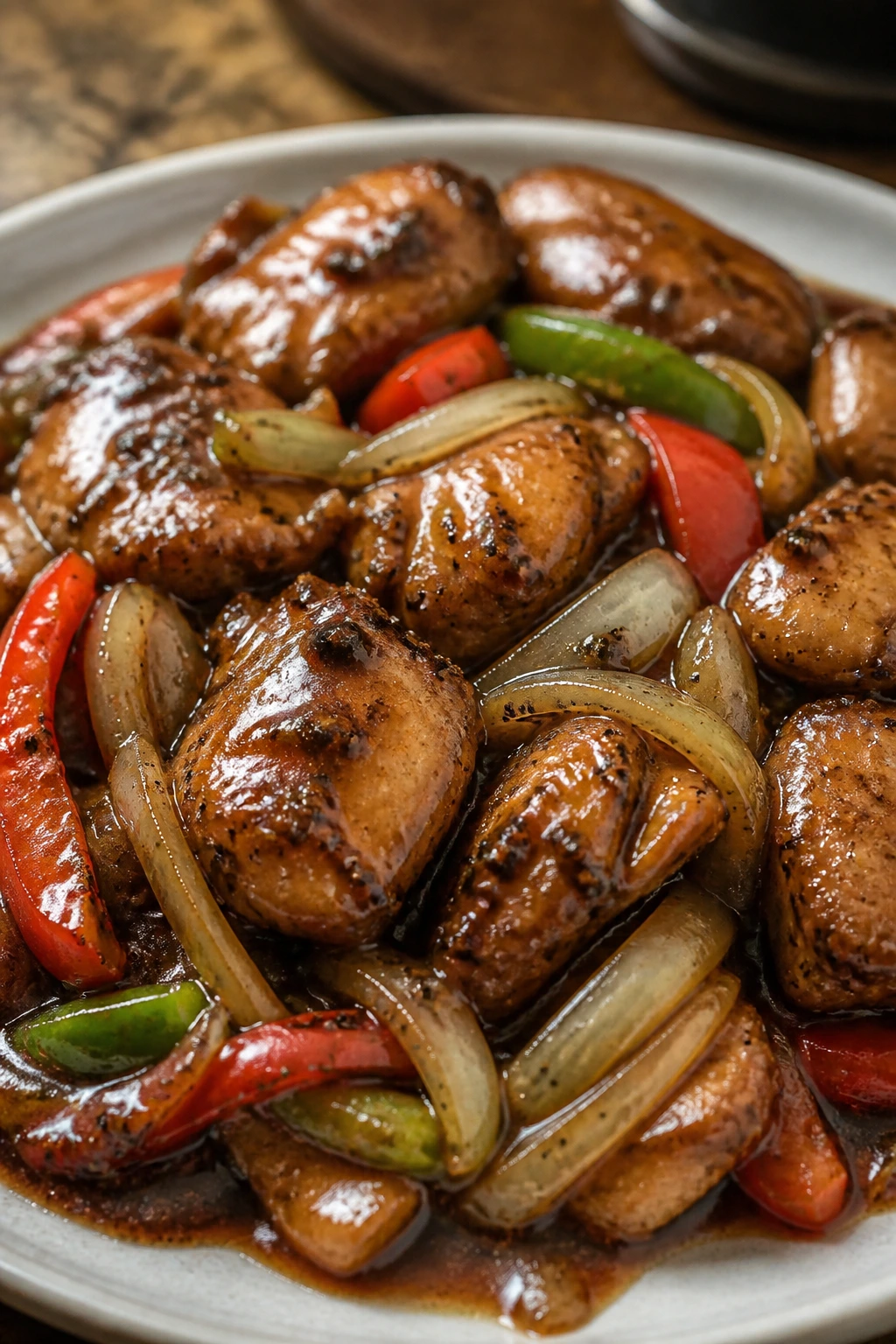Close-up of peppered chicken with onion and peppers in dark sauce