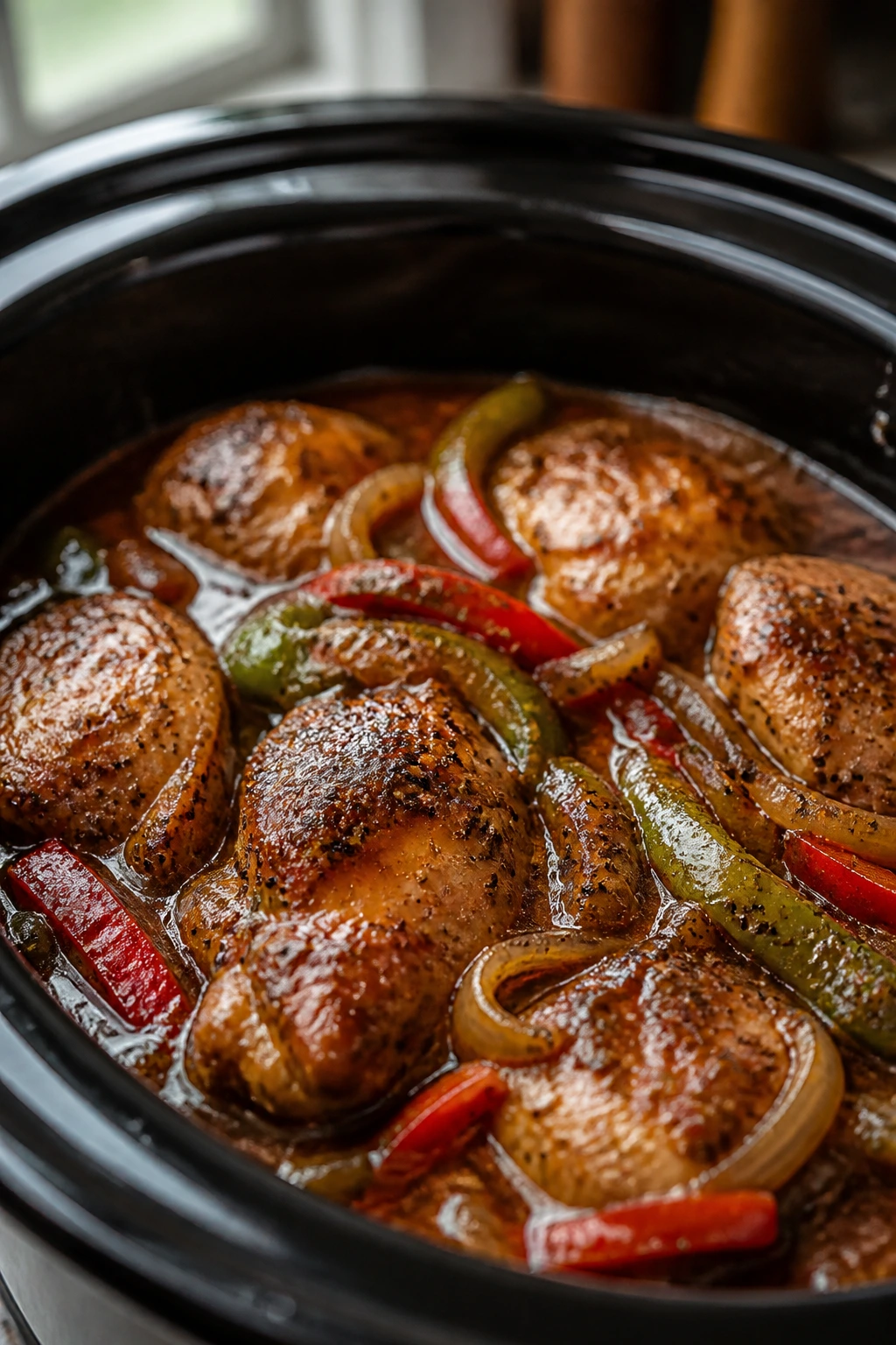 Close-up of black pepper chicken with peppers and onions in sauce