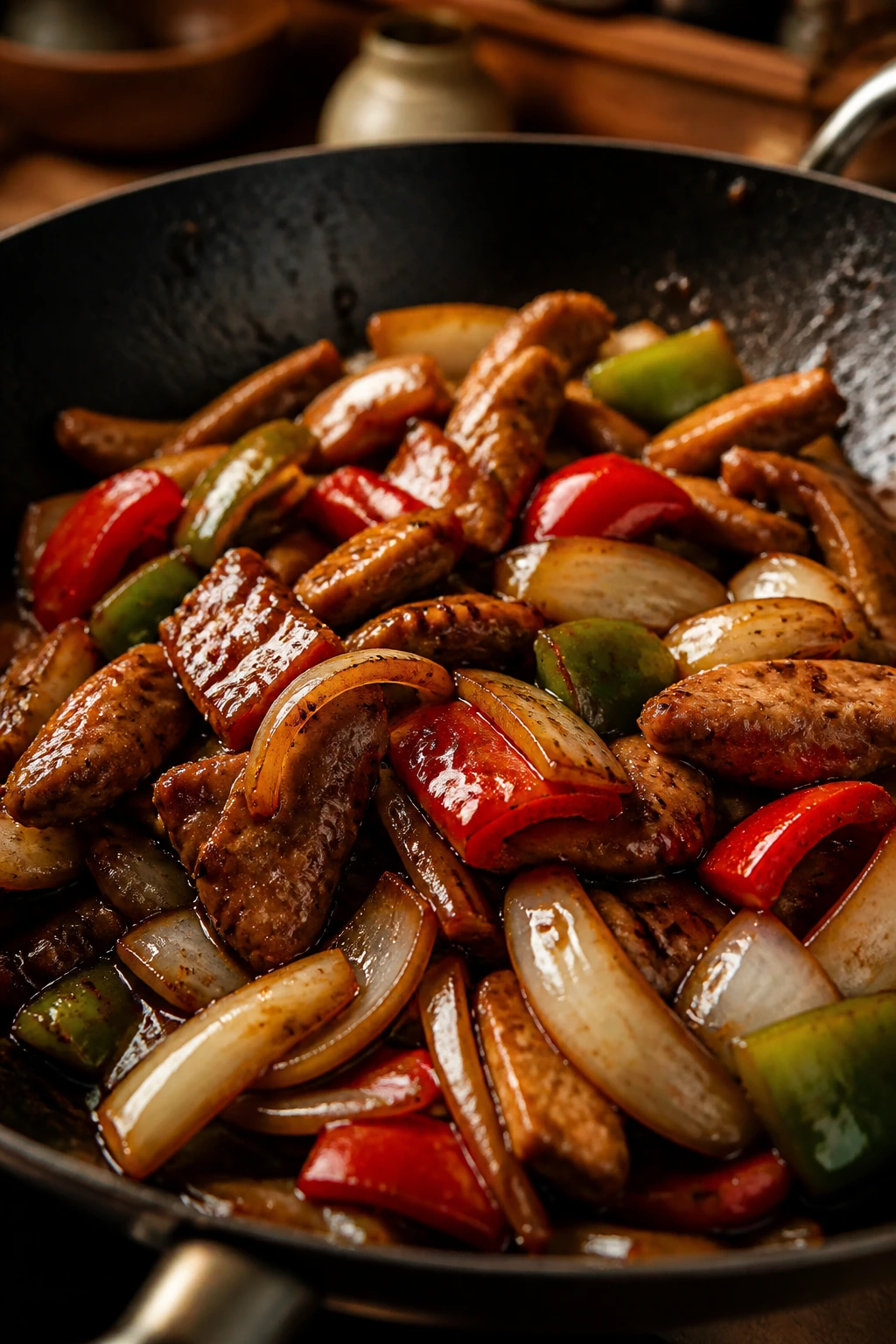 Close-up of black pepper chicken stir-fry in a pan
