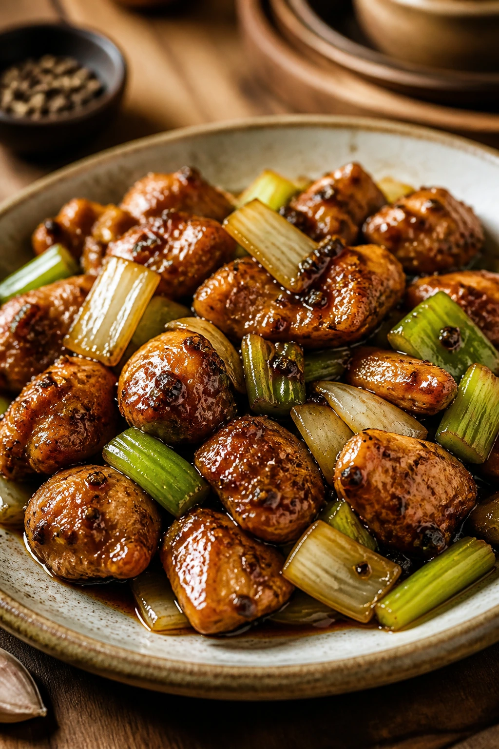 Close up of Black Pepper Chicken with peppery sauce and vegetables on a plate