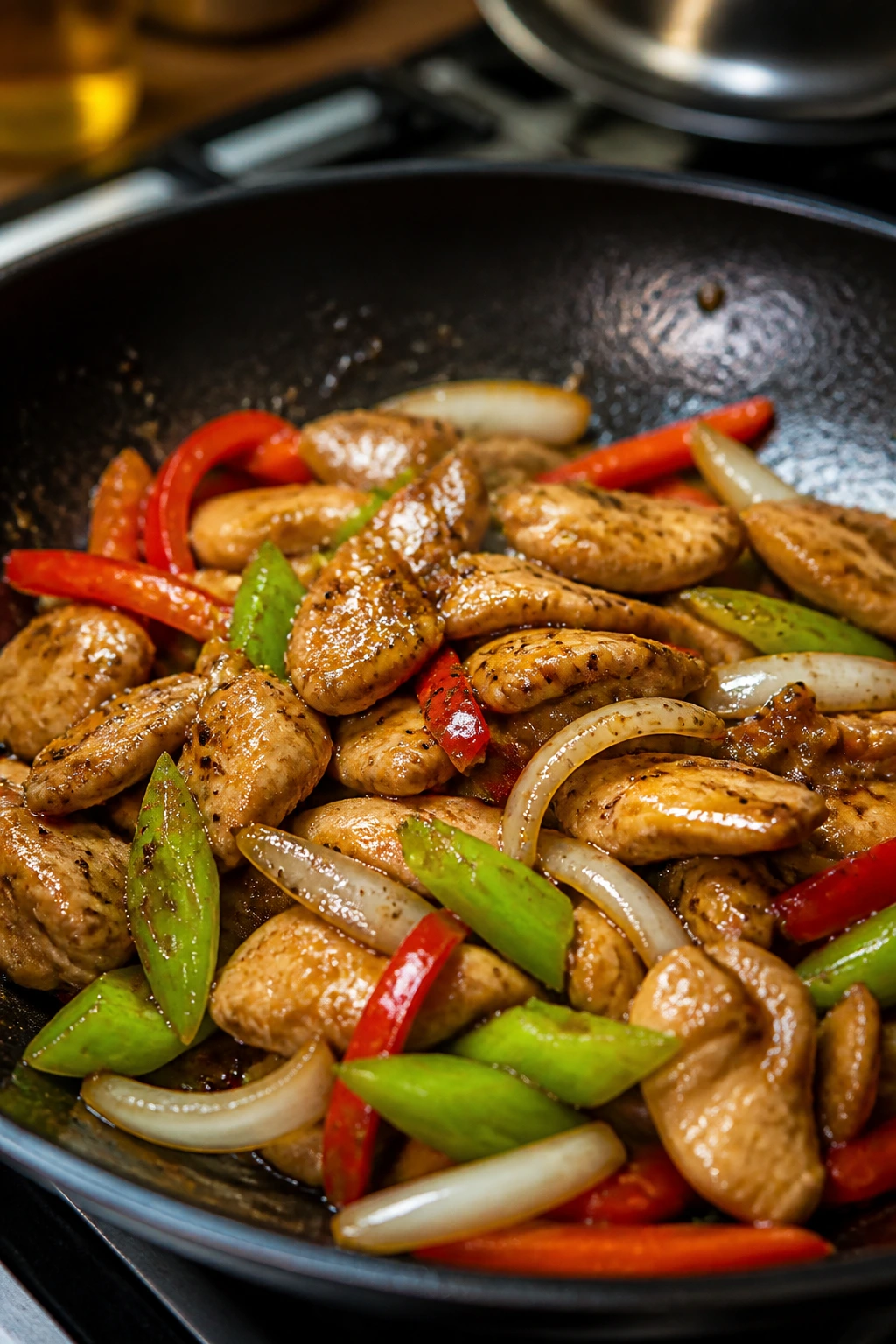 Black pepper chicken with vegetables in sauce
