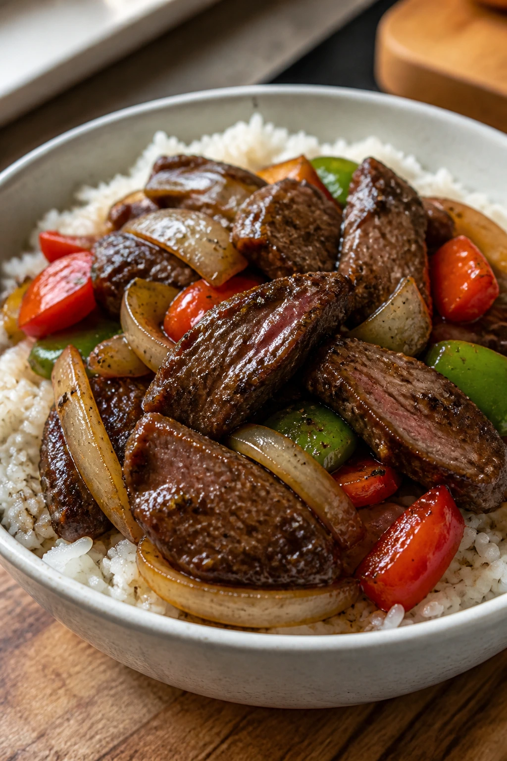 Close-up of black pepper steak rice bowl with glossy sauce on a warm kitchen counter