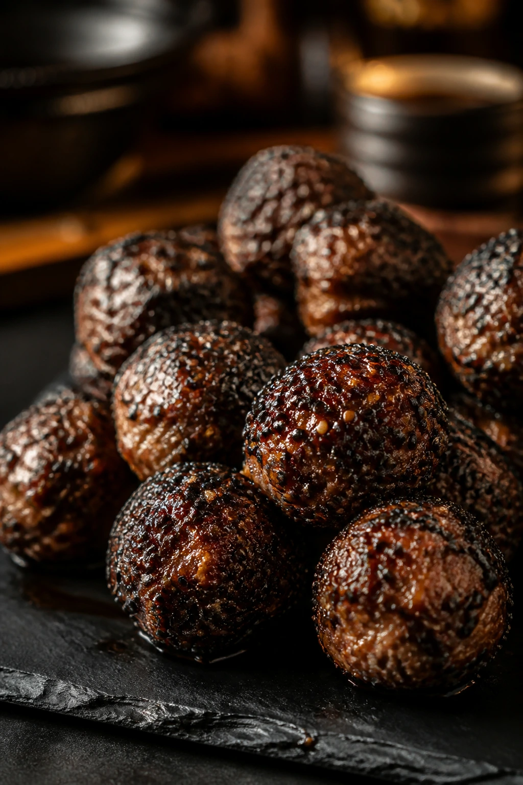 Beef meatballs with black sesame seeds and glaze on slate plate