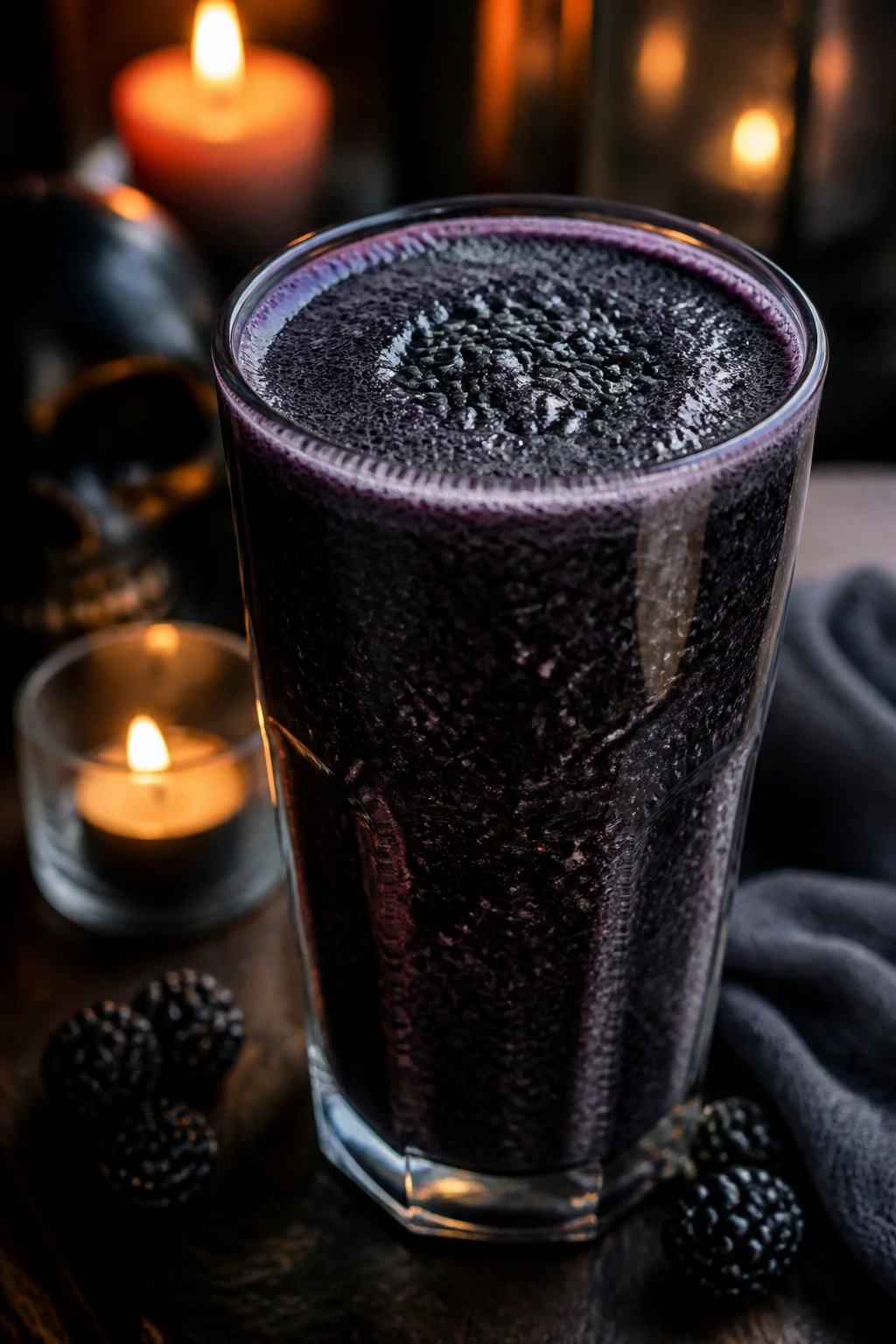 Close-up of a nearly black sesame blackberry smoothie in a glass