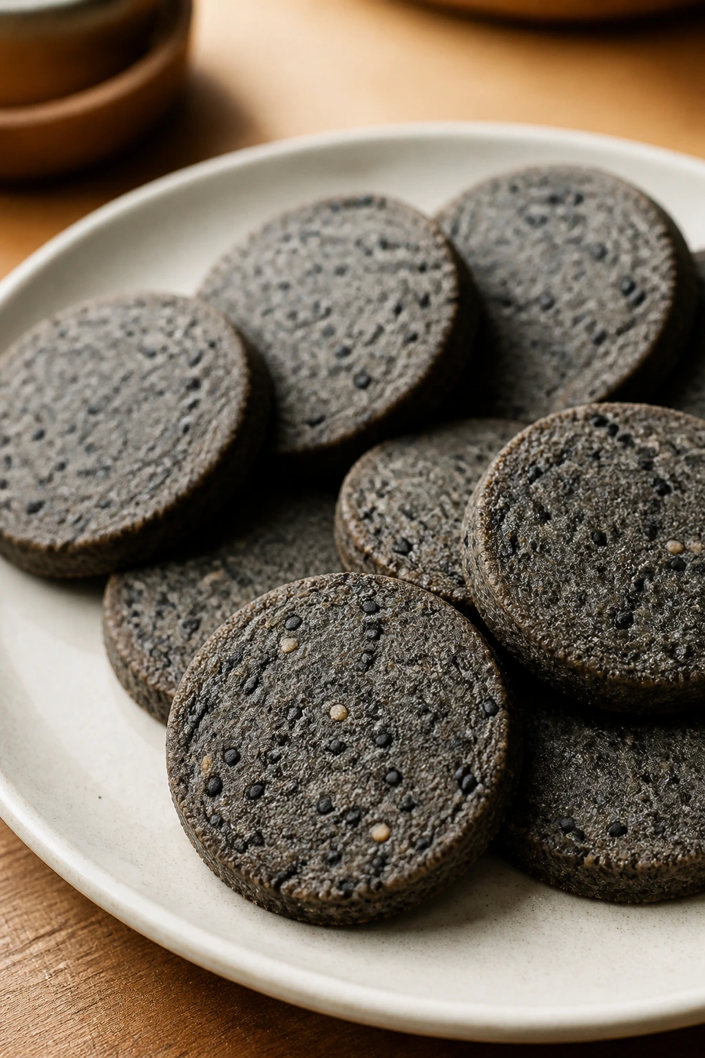 Close-up of black sesame coins cookies with gray flecks on a plate