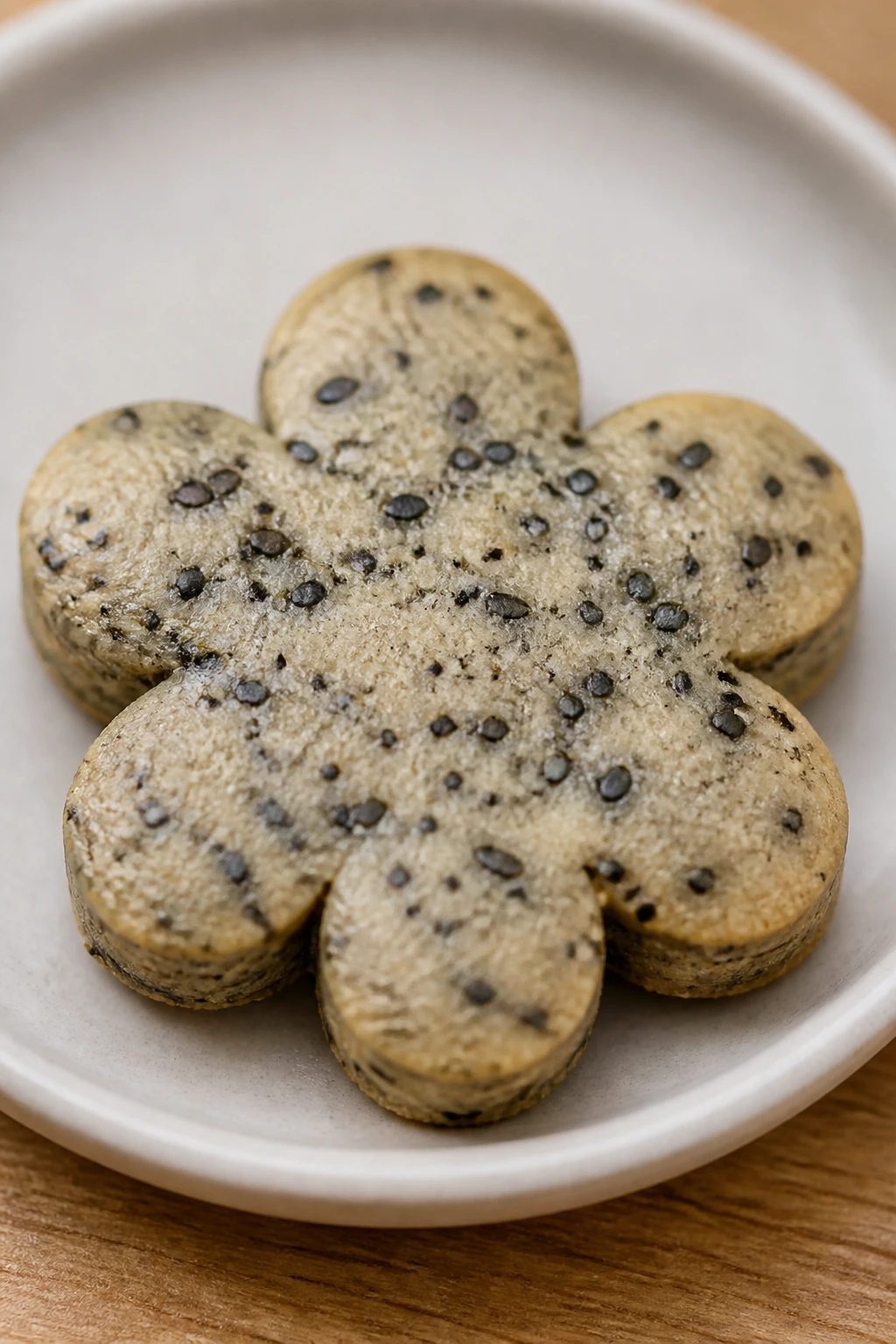 Butter cookie with black sesame seeds shaped as flower on plate.