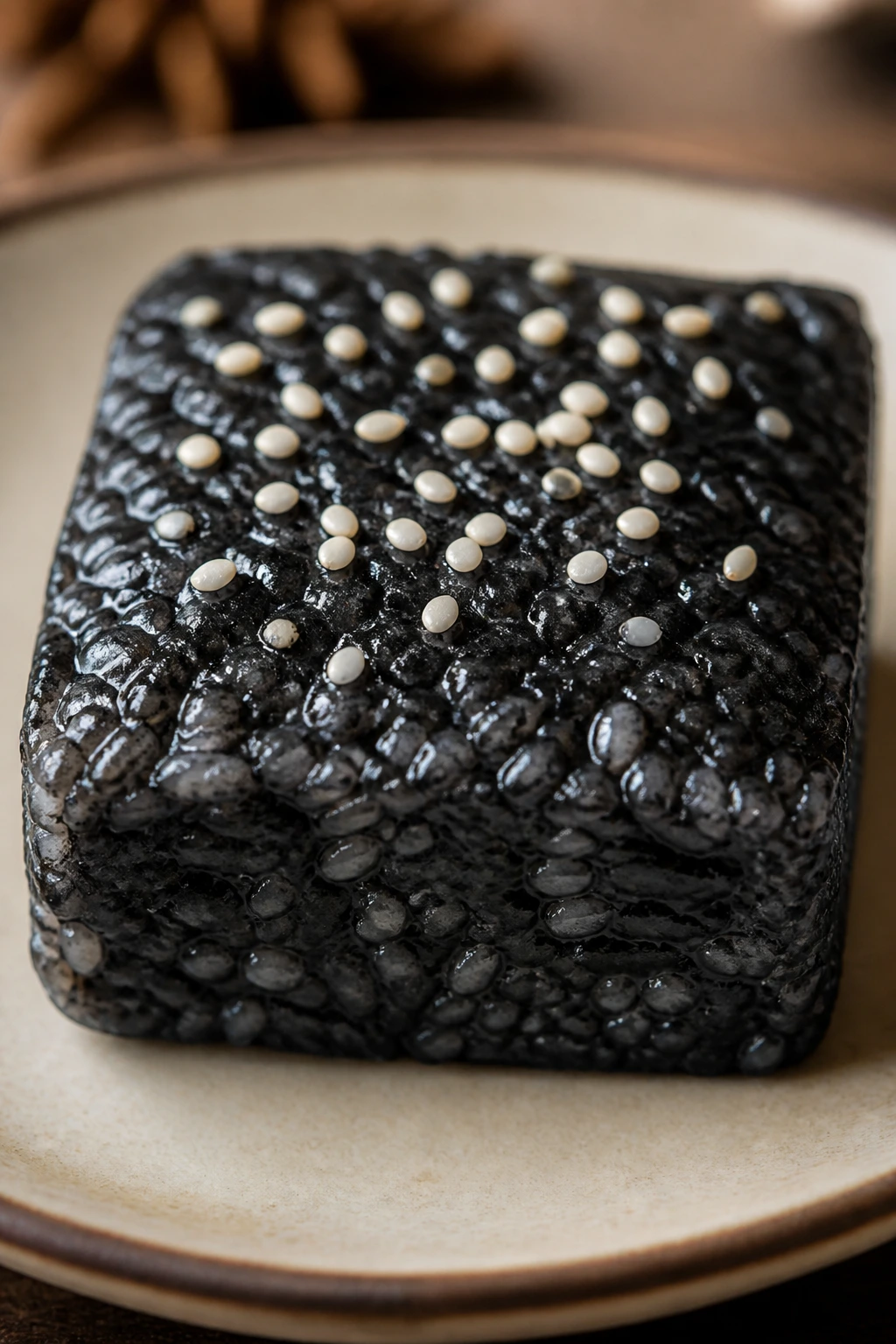 Dark black sesame sticky rice square on plate.