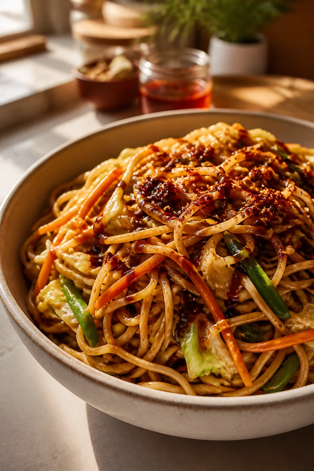Chow mein with black vinegar drizzle and chili crisp toppings
