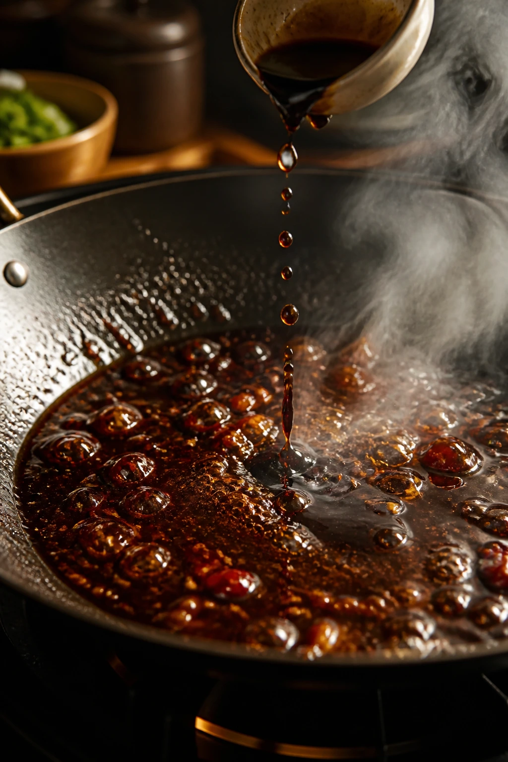 Glossy sticky sauce in a pan with black vinegar about to be added