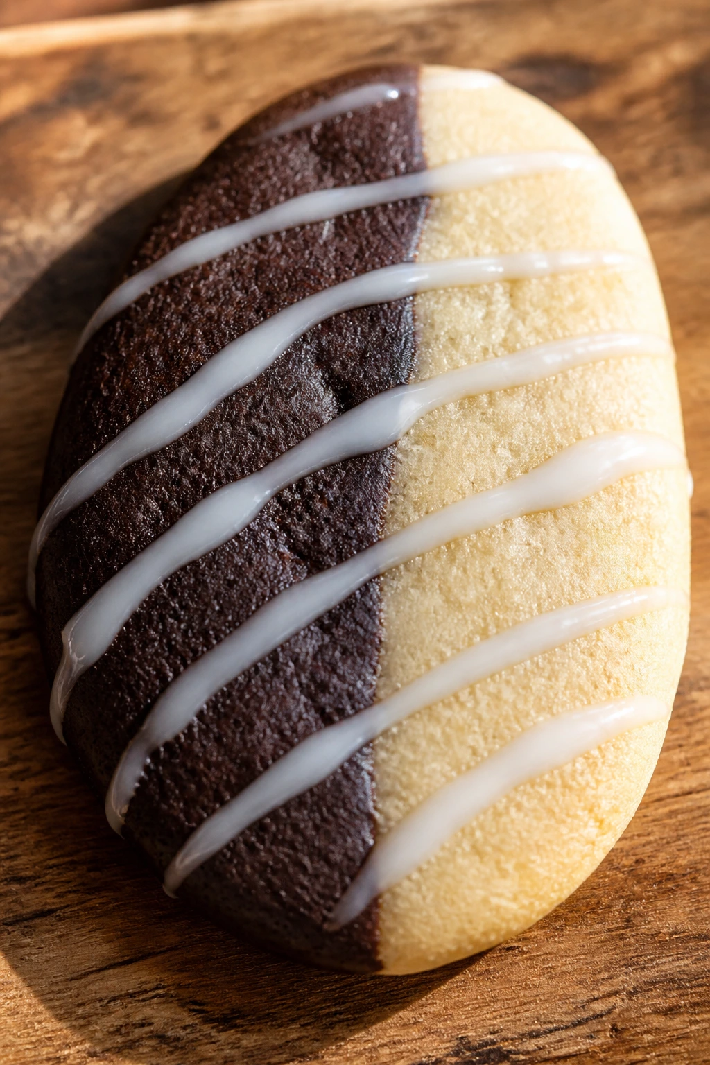 Two-tone black and white egg cookie on wood