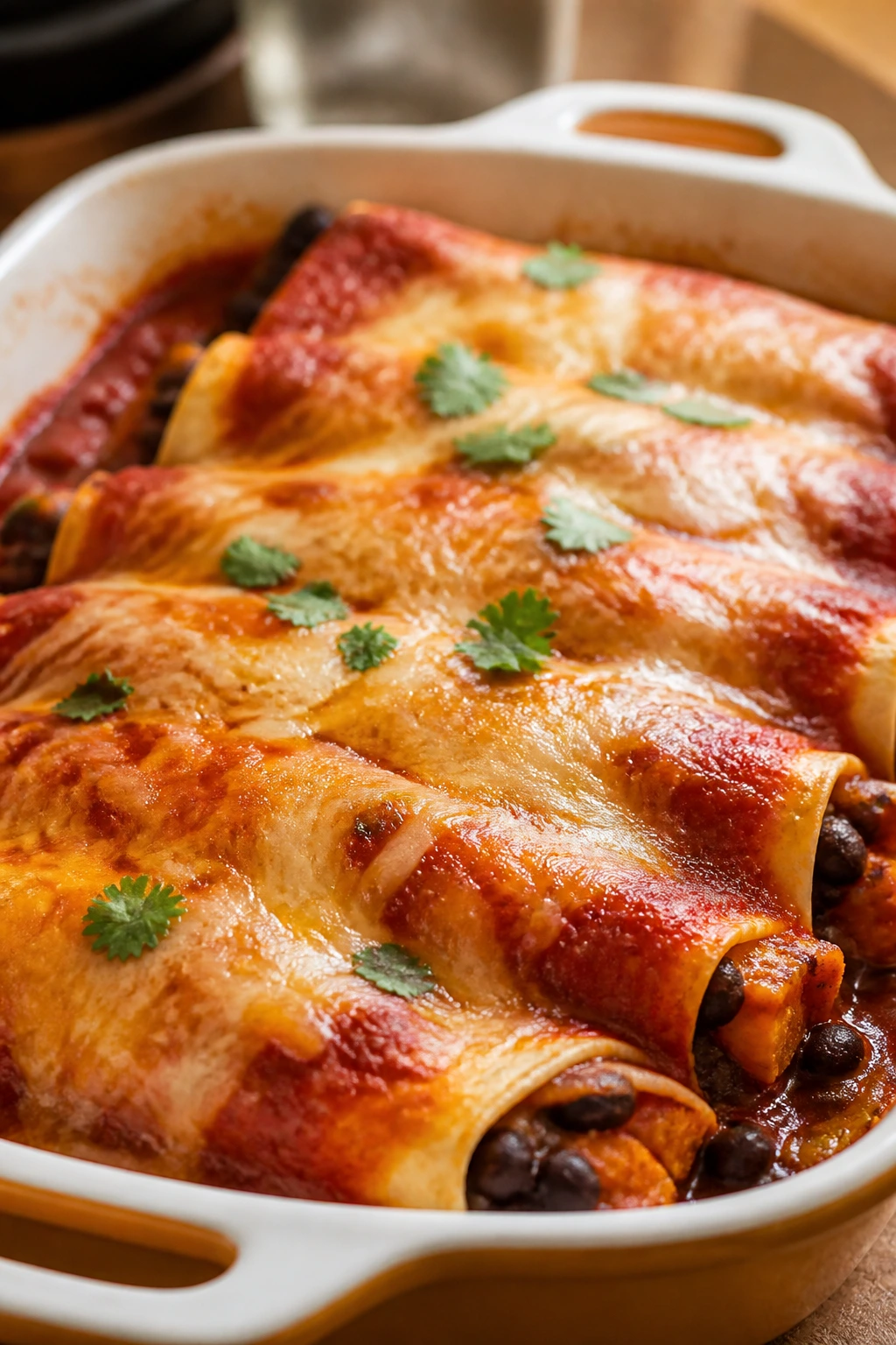 Enchiladas with black beans and sweet potato in baking dish
